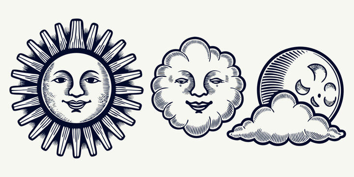 anthropomorphic sun cloud and moon faces high quality