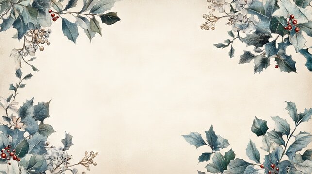 18.Elegant vintage botanical frame enriched with Christmas greenery, holly berries, fir sprigs and delicate mistletoe, carefully engraved and tinted in blue beige tones, creating a nostalgic festive