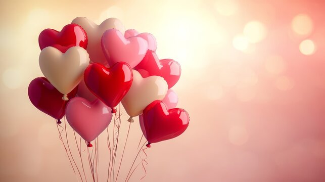 83.Playful vector arrangement of oversized and mini heart balloons clustering together, creating depth and movement, enhanced with smooth gradients and dreamy light effects for a Valentine theme.