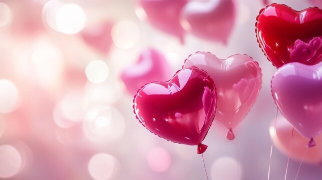 83.Playful vector arrangement of oversized and mini heart balloons clustering together, creating depth and movement, enhanced with smooth gradients and dreamy light effects for a Valentine theme.