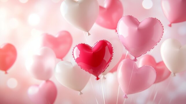 83.Playful vector arrangement of oversized and mini heart balloons clustering together, creating depth and movement, enhanced with smooth gradients and dreamy light effects for a Valentine theme.