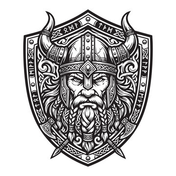 Powerful Bearded Viking Warrior Wearing Horned Helmet Inside Ornate Runes Shield Badge Vector Illustration Logo Design.