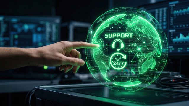 Human Hand Interacting with a Holographic Green Earth Globe Showing Global 24/7 Tech Support and Connectivity