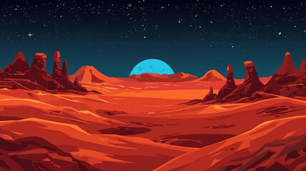 vector illustration graphic of a Mars landscape, and a red desert surface with rugged mountains and impact craters.  © Pemuda