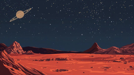 vector illustration graphic of a Mars landscape, and a red desert surface with rugged mountains and impact craters. Saturn and distant stars illuminate a dark blue sky.  © Pemuda