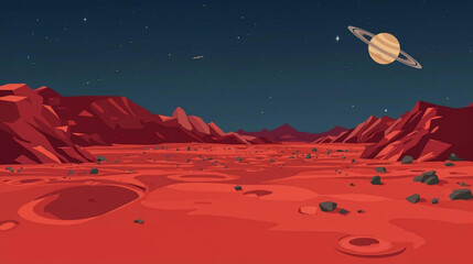 vector illustration graphic of a Mars landscape, and a red desert surface with rugged mountains and impact craters. Saturn and distant stars illuminate a dark blue sky.  © Pemuda