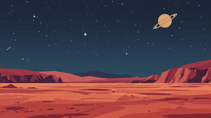 vector illustration graphic of a Mars landscape, and a red desert surface with rugged mountains and impact craters. Saturn and distant stars illuminate a dark blue sky.  © Pemuda