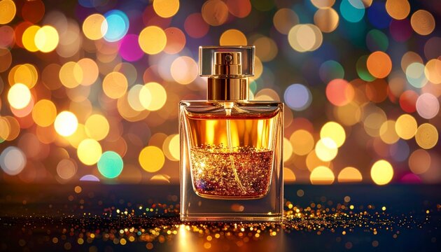 An elegant glass bottle of luxury perfume and a champagne flute stand as scented beauty objects against a dark background, capturing the essence of fashion and aromatic liquid spray