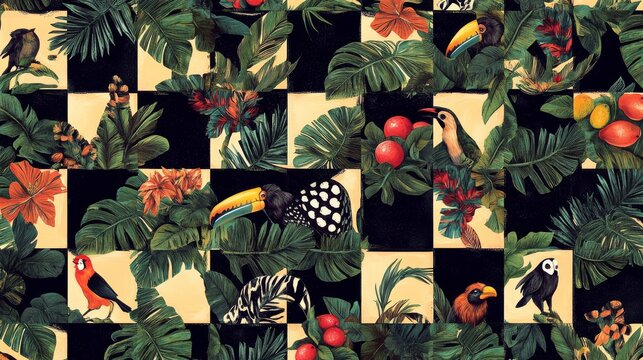 66.Decorative tropical checkered print composed of repeating outlined boxes containing charming jungle elements, from dense leaf clusters and palm trees to expressive monkeys, spotted big cats,