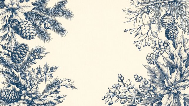 13.Vintage Toile Christmas botanical frame fir branches holly mistletoe berries bow, hand drawn engraved elements blue beige