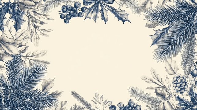 13.Vintage Toile Christmas botanical frame fir branches holly mistletoe berries bow, hand drawn engraved elements blue beige