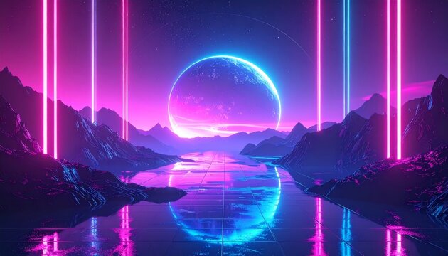 A luminous night city landscape glows under a blue moon and northern aurora borealis with distant stars reflecting off the winter water