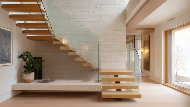 Elegant contemporary interior design with floating timber stairs, glass, and bright natural light.