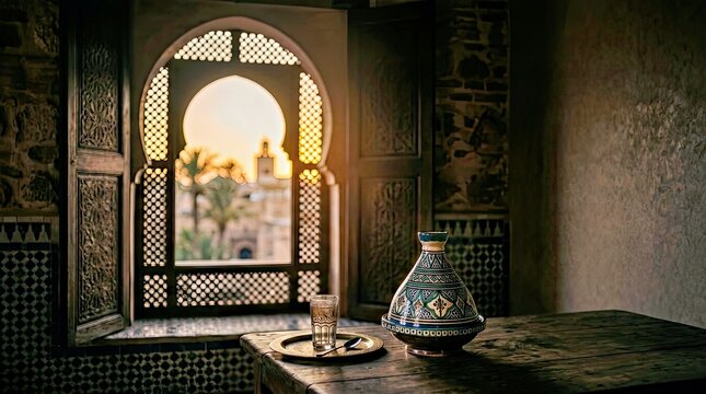 Moroccan Interior Window View of Medina at Sunset &ndash; Travel Marketing Photography Morocco Medina Marrakech