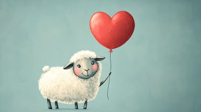59.Lighthearted sheep with tiny hooves and blushing cheeks, red heart balloon floating above, stylized vector design capturing innocence and joy.