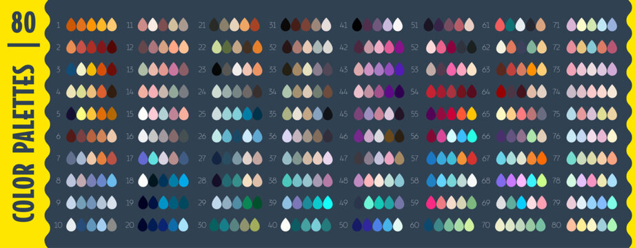 Drop shape rgb scheme swatches, color cool, warm and vibrant harmony palette chart displaying light hues, tones, shades and gradients for color selection, creative inspiration and palette comparison