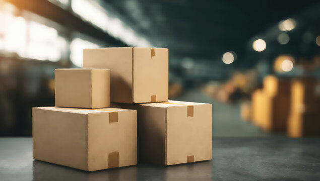 Stacked cardboard boxes in a dimly lit warehouse, ready for shipment