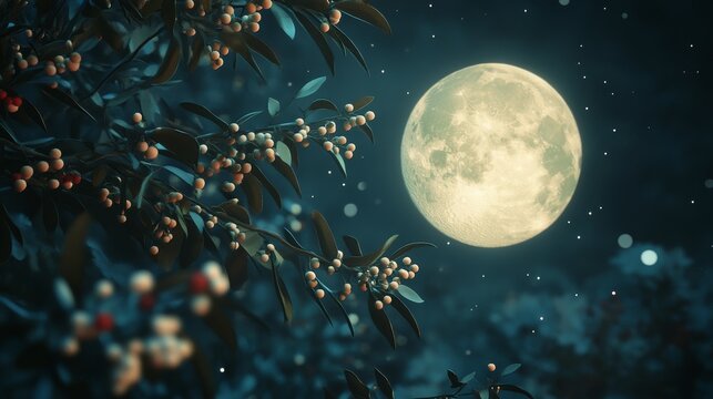 68.Enchanted night scene where a luminous full moon glows softly behind floating clusters of mistletoe, shimmering leaves and delicate berries drifting in the air, creating a dreamlike celestial