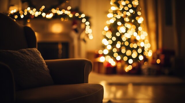 6.Blurred night interior with softly glowing Christmas tree lights casting a warm haze, elegant armchairs barely visible in the soft focus, luminous bokeh floating around ornaments, dreamy warm tones