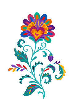 Mexican folk embroidery abstract flower object with curly leaves and ornate leaf. Hispanic culture plant element, Latin American folk nature vector object. Mexican ethnic flower isolated decoration