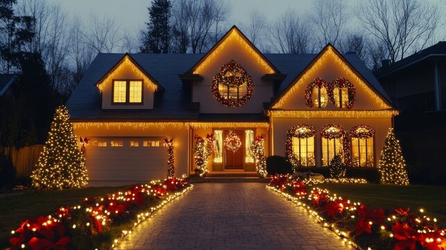 54.Well-lit home fa&Atilde;&sect;ade with symmetrical decorations, glowing window silhouettes, sparkling garden lights, serene suburban setting creating a cozy seasonal atmosphere.