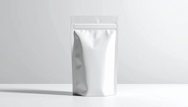 Blank white packaging pouch with soft shadow and minimal presentation