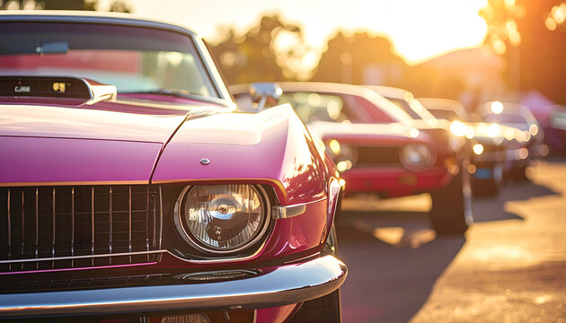 Classic American Muscle Cars Lined Up at Sunset.
