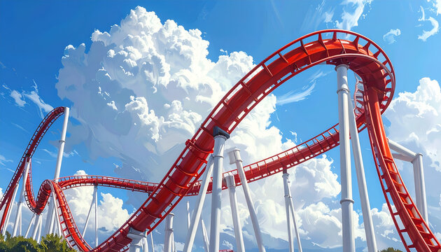 Thrilling Red Roller Coaster Against a Vibrant Blue Sky with Fluffy White Clouds.