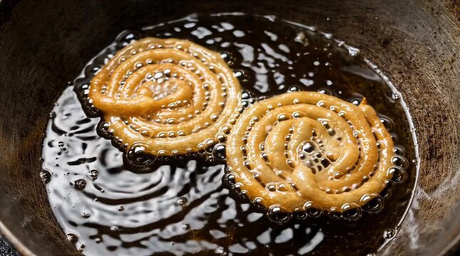 Two golden brown jalebis being deep fried in boiling hot oil creating a very tempting dessert scene, ideal for Indian sweet shop advertisements.