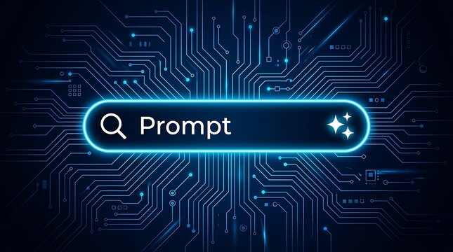 Digital search interface with the word prompt and shimmering stars on a futuristic blue circuit board background