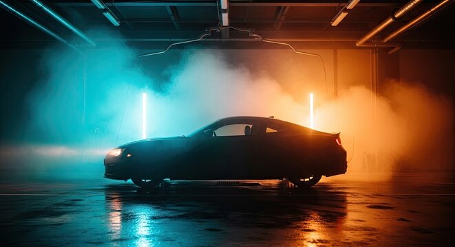 Dark silhouette of sports car in garage with colorful smoke