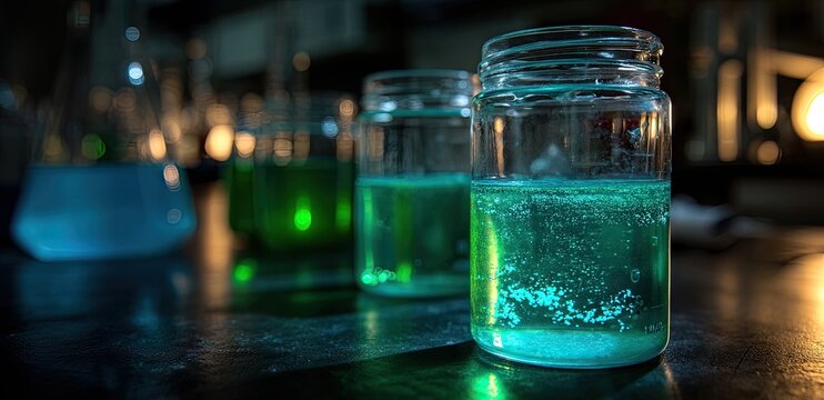 Luminous liquids in jars and flasks glow eerily in a dark, cluttered laboratory