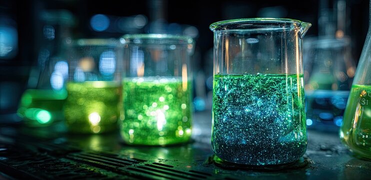 Close-up of beakers with glowing green liquids and particulate matter