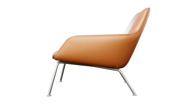 Modern Tan Leather Lounge Chair Profile with Chrome Legs Isolated on Transparent Background