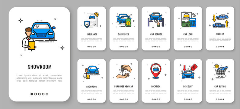 Dealership mobile app onboarding screen, car sale and service line icons, showing showroom options for insurance, pricing, service, loan, trade in and purchase. Ui for automotive websites and apps