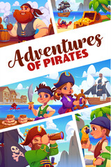Fototapeta premium Cartoon pirates and corsairs ship crew characters poster. Adventure collage with bearded captain and children sailing and exploring tropical island beach with treasure chest and funny parrot and crab