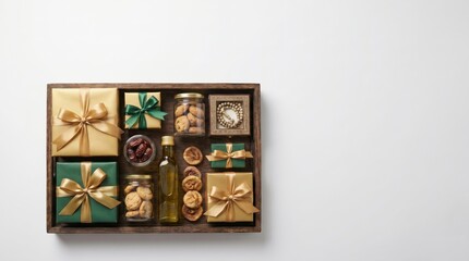 Obraz premium Elegant gourmet food gift box with various treats and presents on white background.