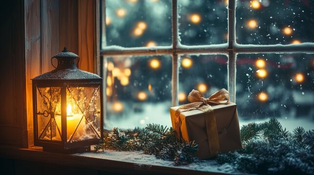 94.Atmospheric Christmas Eve composition with a wooden-framed window, vintage lantern glowing warmly beside a stylishly wrapped gift, outside darkness contrasting with indoor tree lights, soft