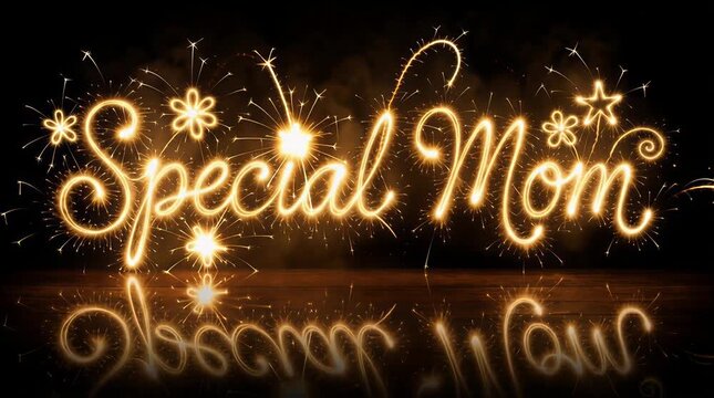 Detailed close up of the phrase SPECIAL MOM written in elegant glowing golden cursive sparkler script, perfect for touching Mother's Day tributes.