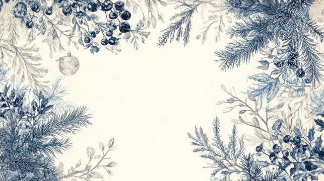 15.Delicate hand-drawn Christmas botanical frame featuring fir needles, holly berries and mistletoe sprigs, vintage toile styling with elegant blue beige palette, ornate symmetrical composition