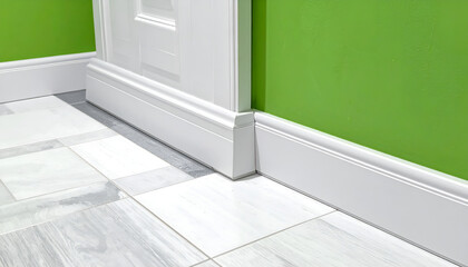 Fototapeta premium Close-up of White Baseboard Molding Against Green Wall and Tiled Floor.