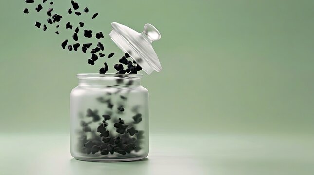 Panjohra Seeds Spilling From Glass Jar on Pastel Green Background Panjohra Seeds Niger Seeds Glass Spice Jar