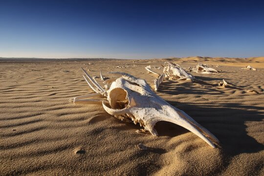 Arid desert scene featuring white skeletal remains on golden sand