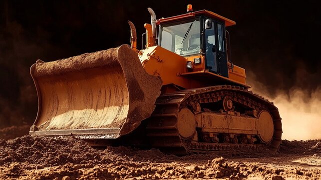 Heavy Duty Bulldozer at Work on Construction Site for Ground Preparation and Land Leveling Tasks