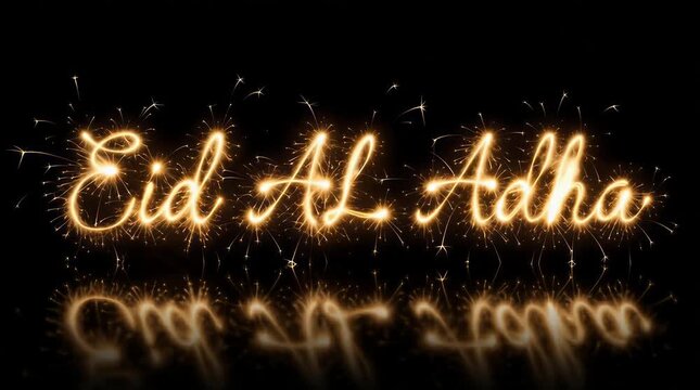 Powerful close up shot of the phrase Eid AL Adha written in flowing elegant glowing golden sparklers, perfect for Islamic festival digital greetings.