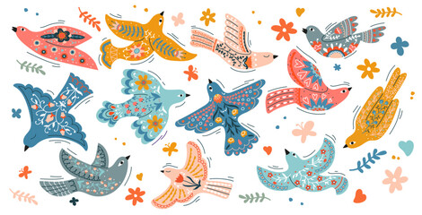 Folk hand drawn ethnic scandinavian birds, vector nordic art. Flying birds with scandinavian folk floral pattern, spring flowers, plants and butterflies, nordic folklore traditional ornament © Vector Tradition