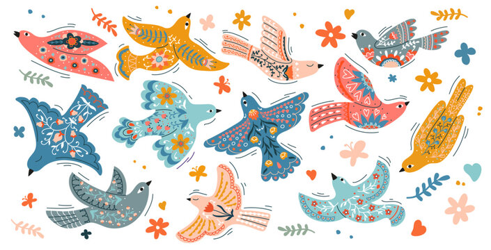Folk hand drawn ethnic scandinavian birds, vector nordic art. Flying birds with scandinavian folk floral pattern, spring flowers, plants and butterflies, nordic folklore traditional ornament