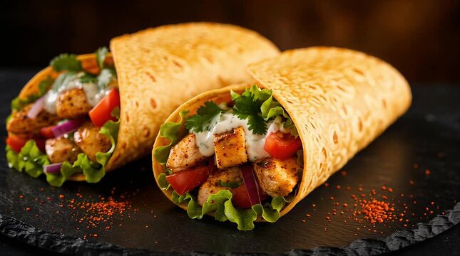 Two delicious golden brown chicken wraps presented side by side perfectly staged on a rustic cutting board, best for fast casual dining menus.