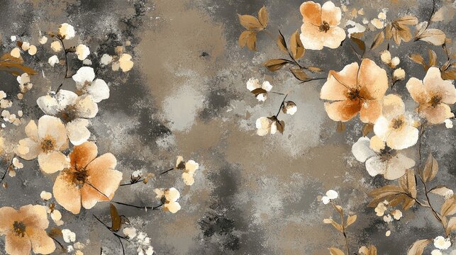 77.Decorative allover botanical motif with painterly blossoms and foliage, blending warm earthy colors and soft grey accents, creating a continuous seamless print suitable for spring&acirc;&euro;&ldquo;summer fashion