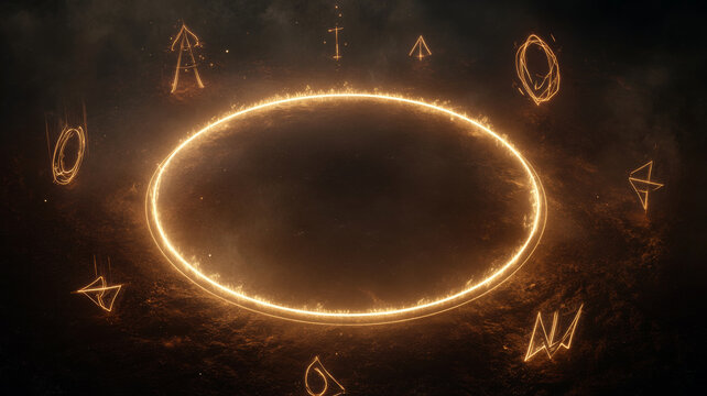 Mystical glowing circle with mysterious symbols in dark enchanted atmosphere